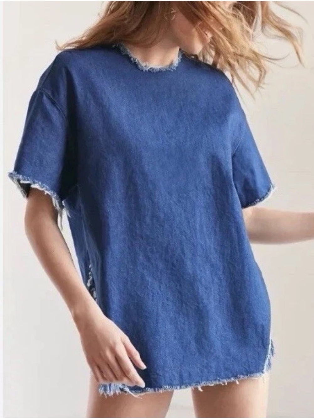BDG Urban Outfitters Destroyed Blue Denim Oversized Top Edgy Modern Frayed Sz XS